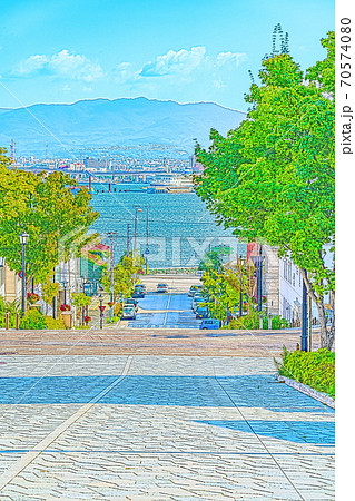 アニメ風] 北海道の夏 函館元町の坂のある風景 [八幡坂]のイラスト素材