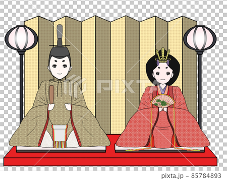 ひな人形のイラスト（屏風とぼんぼり付き）のイラスト素材 [85784893