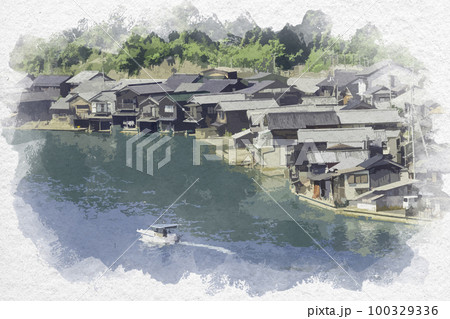 水彩画風 伊根 伊根の舟屋 京都府与謝郡伊根町のイラスト素材