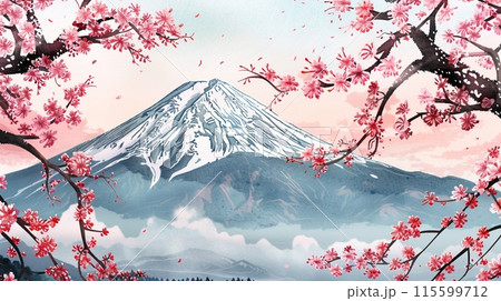 桜と日の出の富士山の水墨画アートのイラスト素材 [115599712] - PIXTA