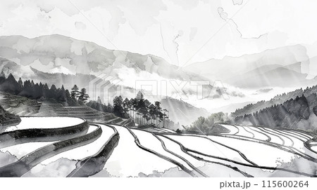 霧に包まれた静かな日本の棚田の水墨画アートのイラスト素材