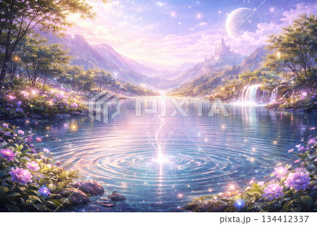 幻想的な光が広がる湖と城のファンタジー風景背景素材のイラスト素材