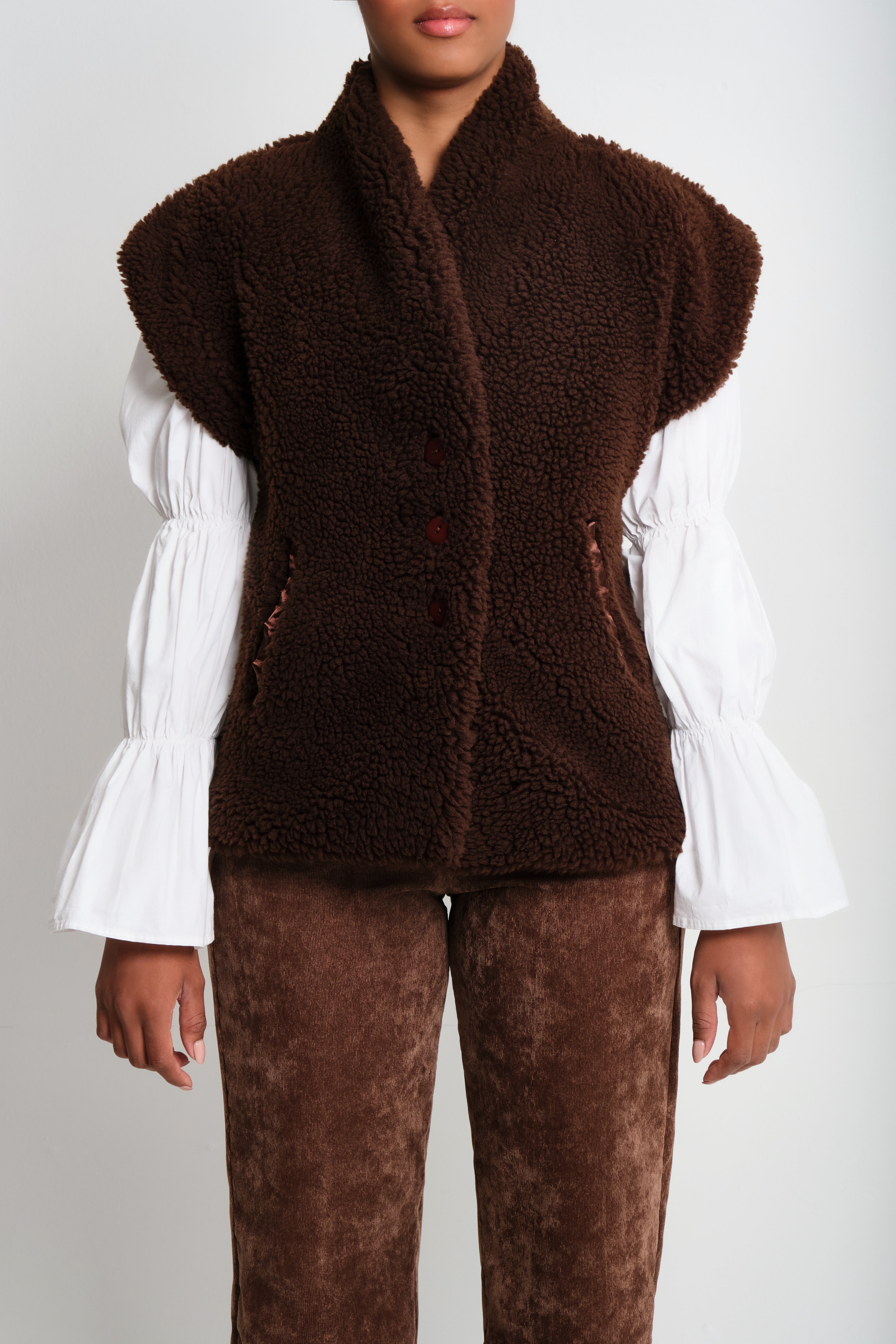 Brown Faux Shearling Vest for Women | Poly Fur Layering Piece