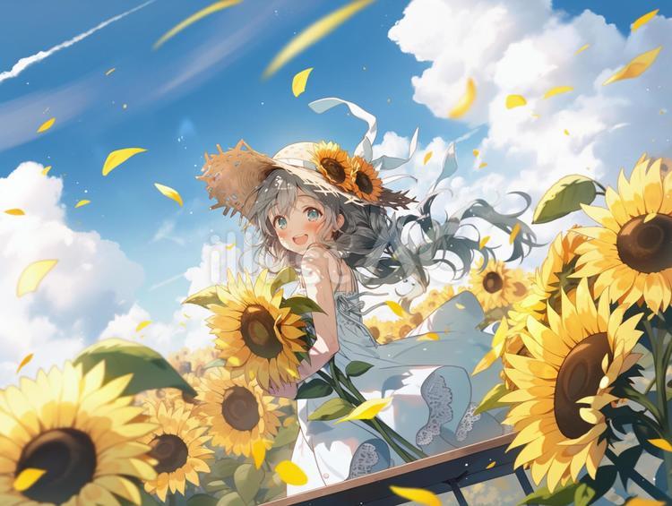 ひまわりと麦わら帽子の女の子イラスト - No: 24125457｜無料イラスト