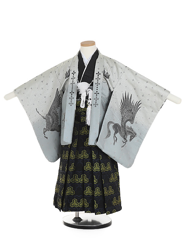 七五三[簡単着付け] 着物 (4歳,5歳男袴)白系 ペガサス幻想 黒系袴 5歳