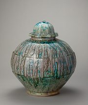 益子【 明石 庄作】傑作 鉄釉上絵壺(大壺) 益子【 明石 庄作】傑作 鉄