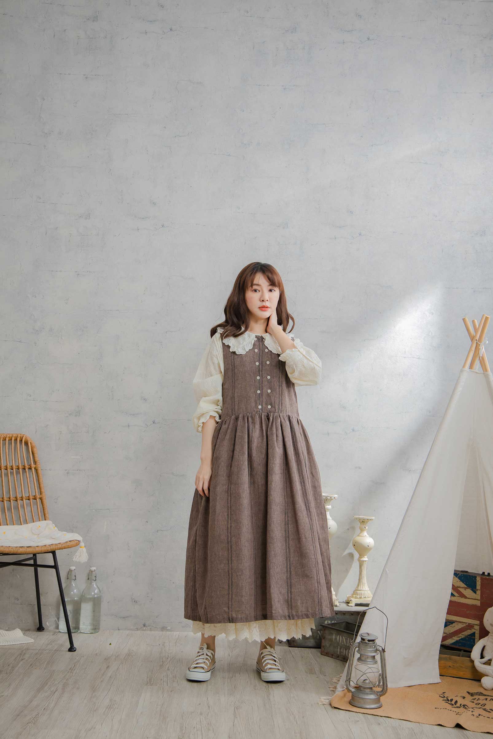 楽天市場】ダブルラインボタンストライプ柄リネンノースリーブロング