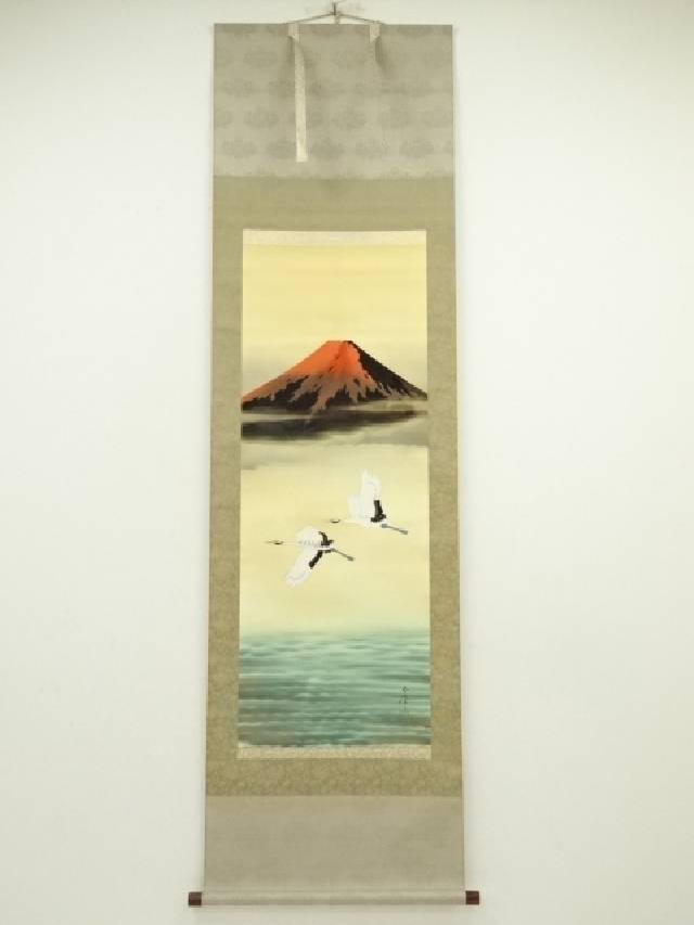 掛け軸 月峰 『 松鶴 』 絹本 希少 軸装 茶道具 掛軸 美品 です