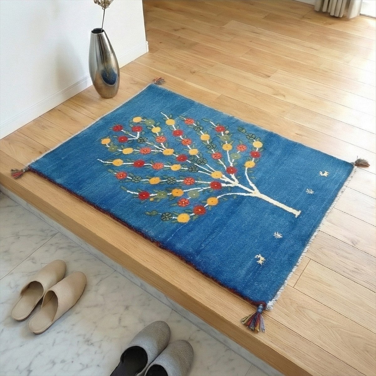 年末キャンペーン】ペルシャ ギャッベ 玄関 90×63 藍色 ザクロの木