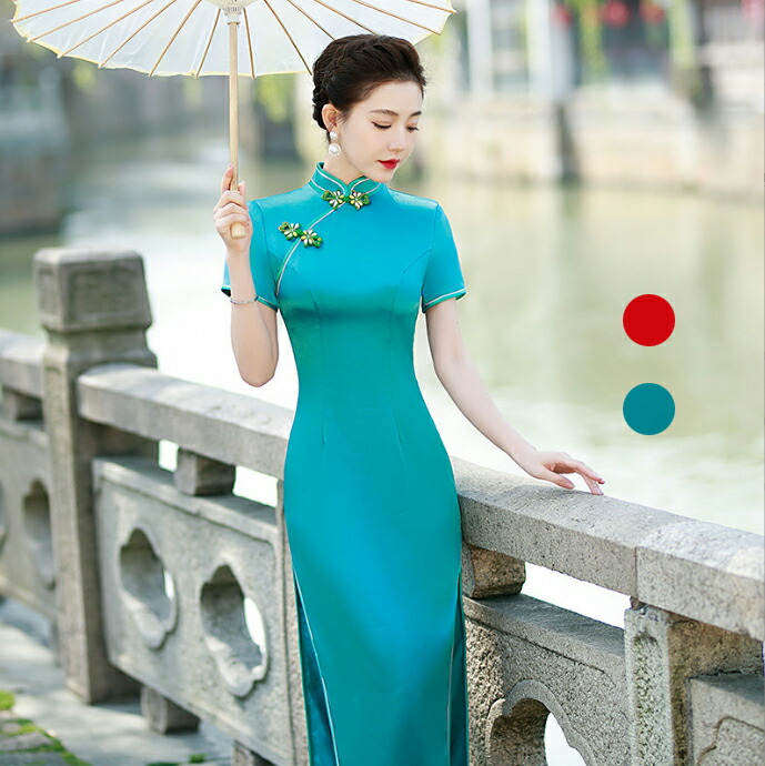 楽天市場】半袖 チャイナドレス ロング丈 パーティードレス 細身ドレス