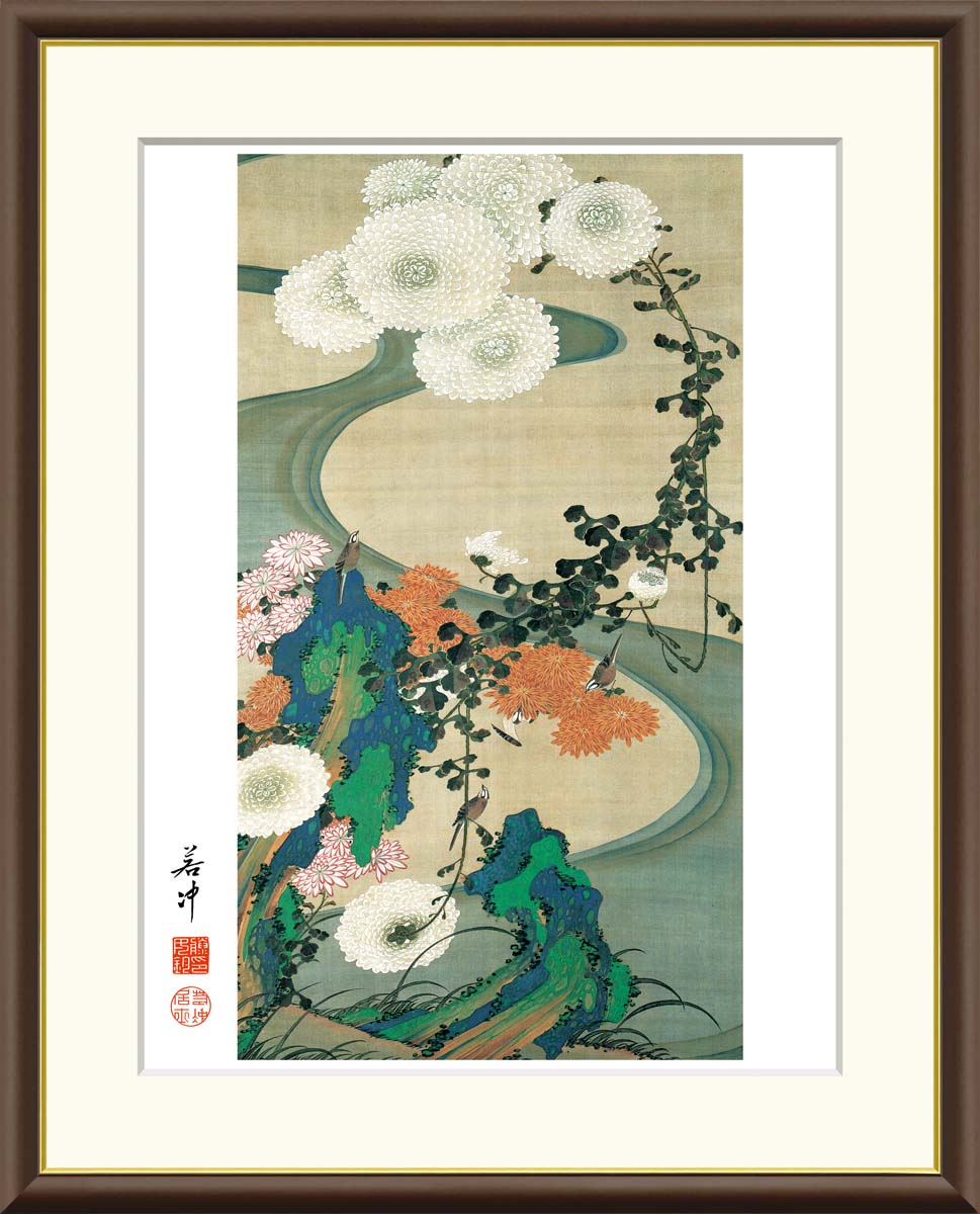 楽天市場】10年保証 名画 油絵 菊花流水図 伊藤若冲 手彩仕上 高精細巧