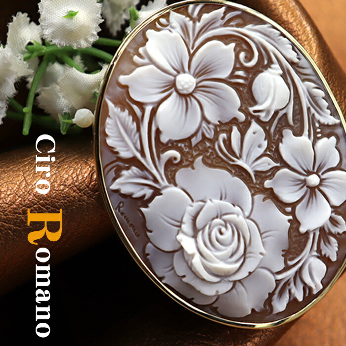 楽天市場】大きなカメオ ブローチ ネックレス 18金枠 美しいお花の図柄