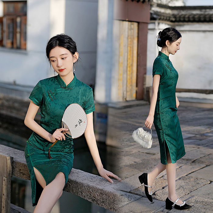 楽天市場】チャイナドレス 4色 花柄 半袖 膝丈 ワンピース 中華ドレス