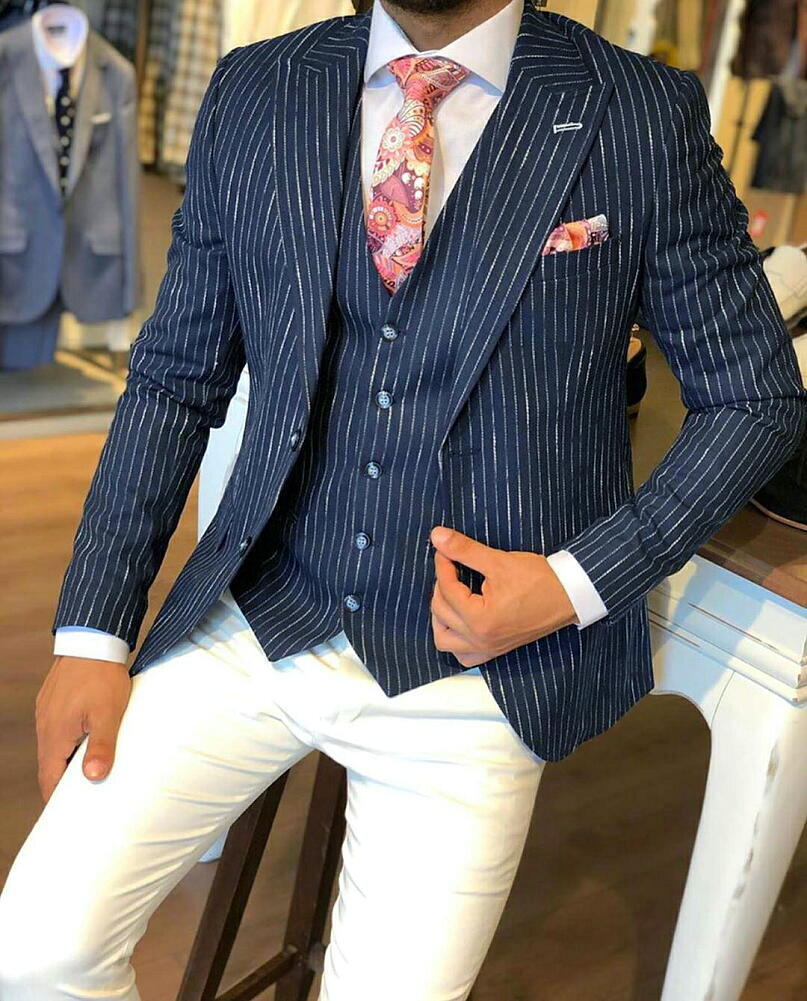 楽天市場】テーラードジャケット ブレザー ストライプ ブルー メンズ