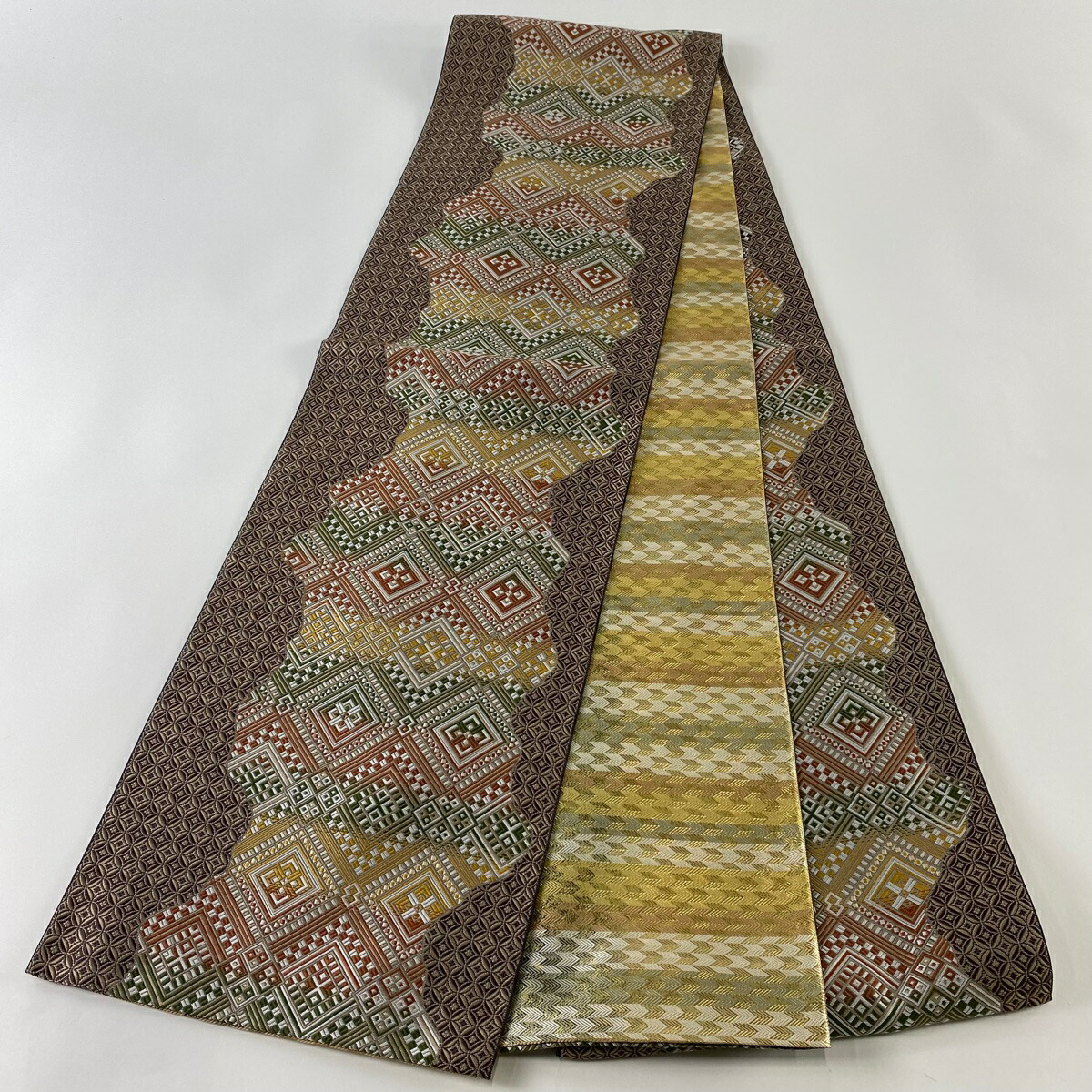 楽天市場】袋帯 名品 落款あり 若林弘恵 菱 七宝 茶色 六通 正絹