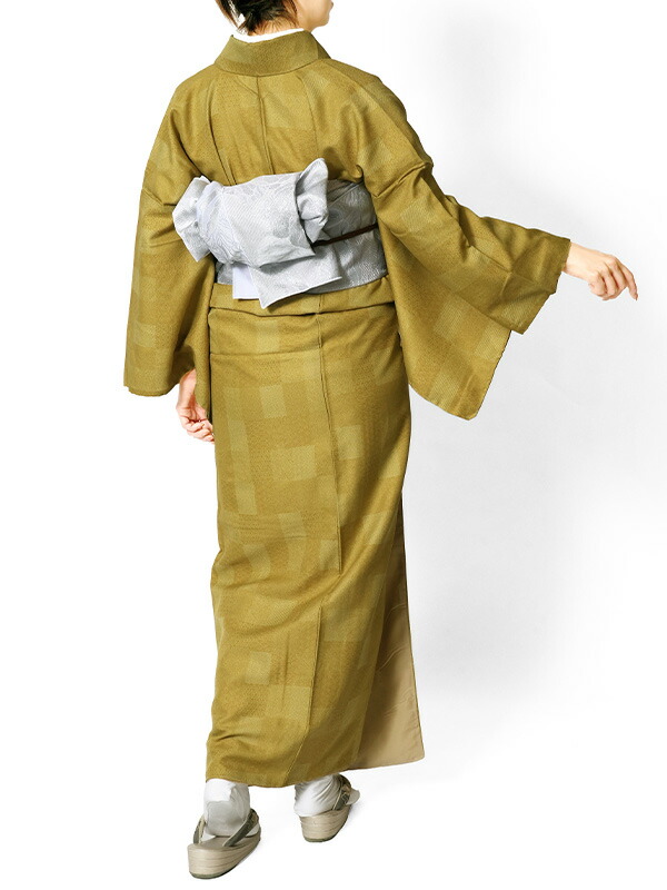 楽天市場】着物 小紋タイル きれどり 格子 からし マスタード 黄色