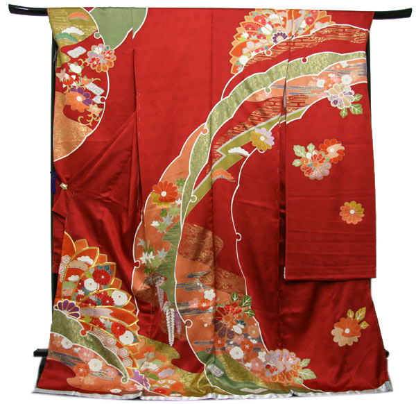 楽天市場】未仕立て正絹中振袖 赤地紗綾型地紋に吉祥古典雪輪模様