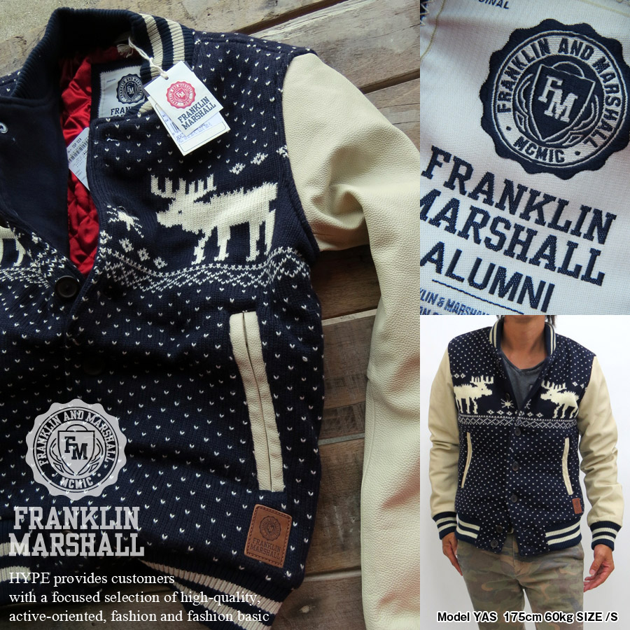 好配色 フランクリン マーシャル 牛革 袖 バック刺繍 スタジャン 紺×茶