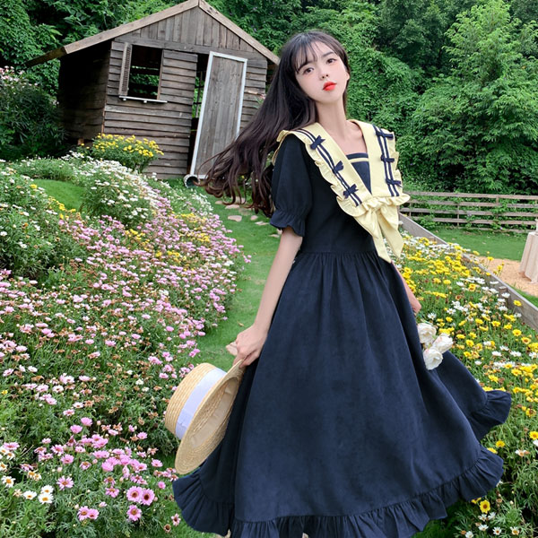 楽天市場】ワンピース 夏用 ビッグカラー セーラー風 胸元リボン 半袖