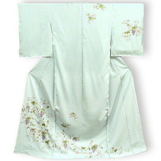 楽天市場】岡重 訪問着 結城紬 水色 葡萄更紗 ぶどう 葡萄 唐草 正絹