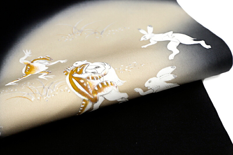 楽天市場】名古屋帯 絹菱 正絹 黒地 鳥獣戯画 兎 うさぎ 蛙 月 萩 秋