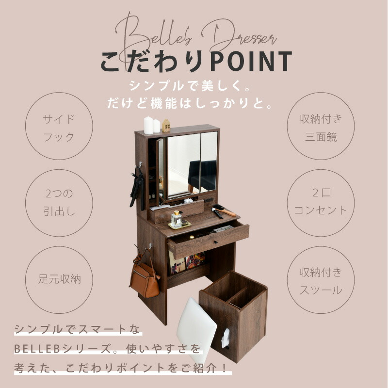 楽天市場】収納たっぷり 三面鏡 ドレッサー 60幅 スツール セット