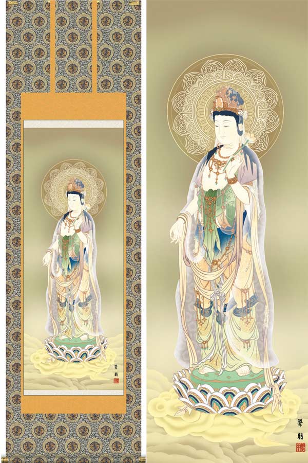 素 仙 筆 【 絹本彩色画 ・雲上観音図 】 自題共箱 軸先漆仕立木 610