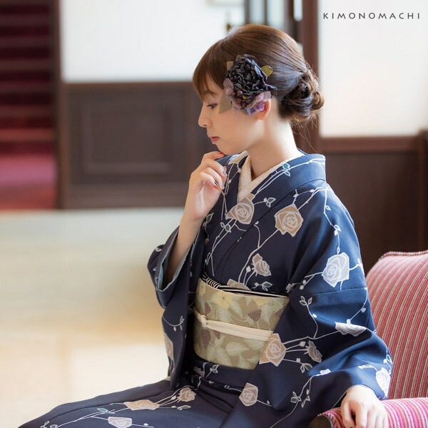 楽天市場】洗える着物 セット「袷着物：ばら墨紺＋京袋帯：蔓いちご