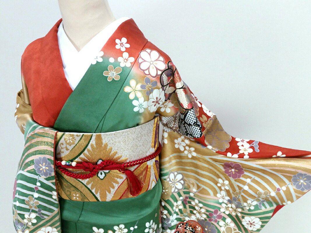 楽天市場】【中古】振袖 青海波に梅 朱赤緑染分け フォーマル 礼装着