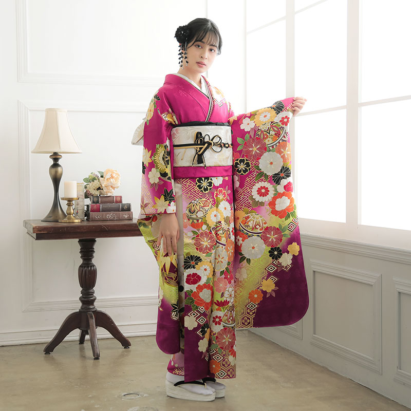 楽天市場】【成人式 振袖 レンタル】RS1813 正絹 赤紫×白 毬に桜菊梅松
