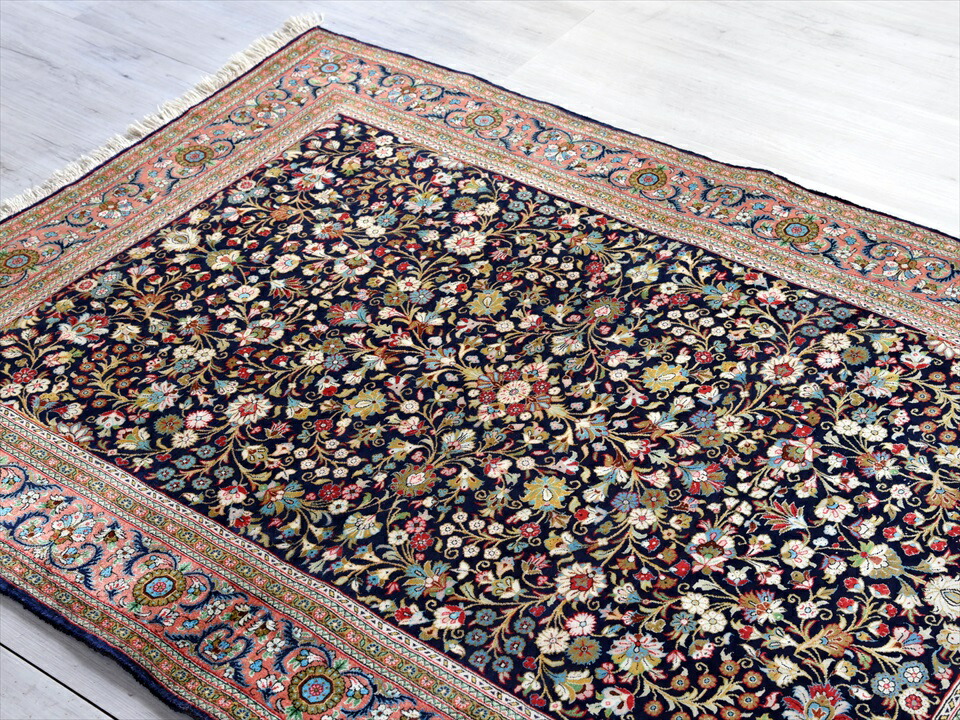 楽天市場】ペルシャ絨毯・手織りラグ/コム シルク158×105cmネイビー