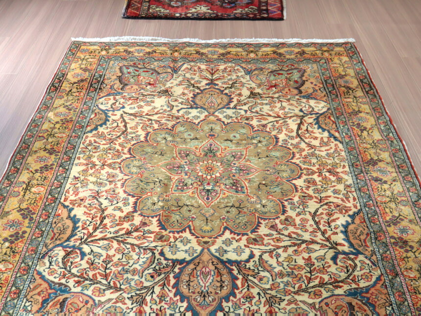 115×206 モスグリーン×クリーム メダリオン トルコヴィンテージラグ