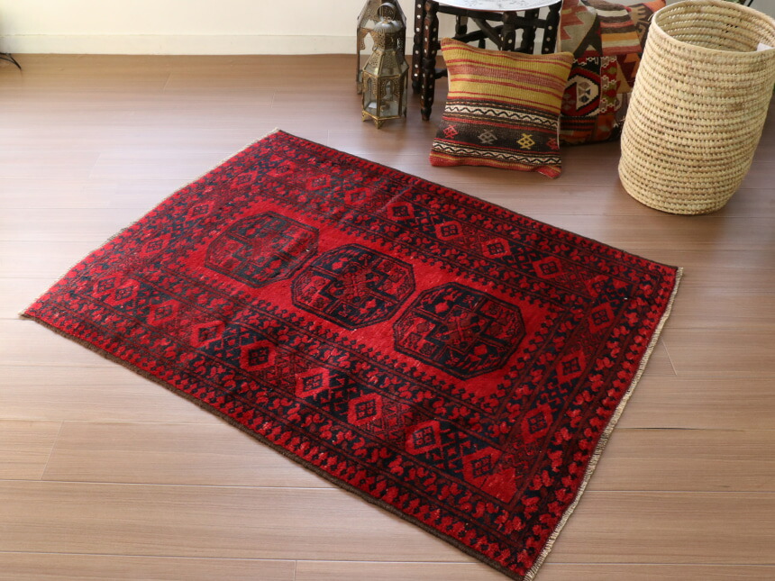 アンティークラグ トルクメン族 エルサリ（189×135cm）赤 黒 茶 楽天