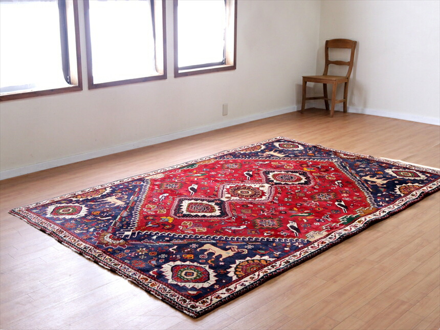 楽天市場】トライバルラグ カシュカイ族の手織り絨毯258×170cm赤い六角