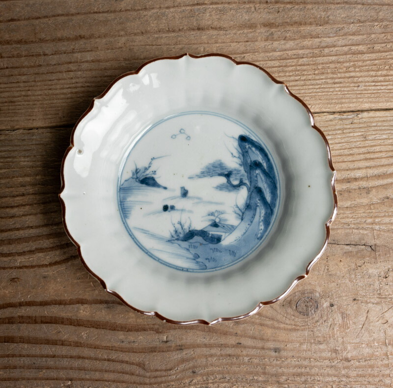 古伊万里 染付 丸文散中皿 3枚 楼閣山水図 渦福 輪花 江戸後期 2253 古