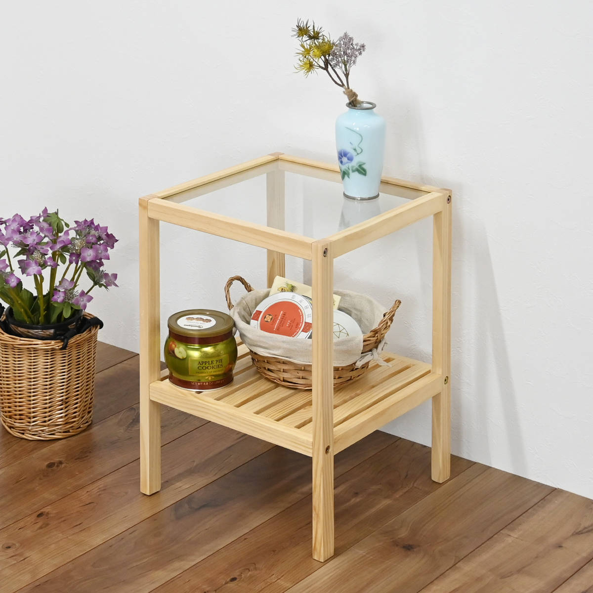楽天市場】サイドテーブル ガラス天板 天然木フレーム 棚付 約36cm角