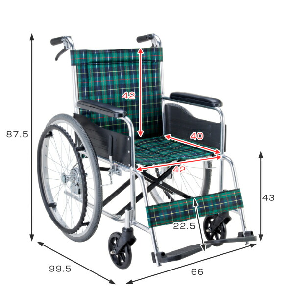 楽天市場】車いす アルミ製 自走式 背固定 緑チェック（ナイロンシート