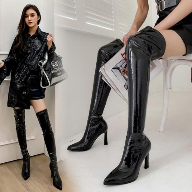 楽天市場】レディースブーツ エナメルロングブーツ ニーハイブーツ