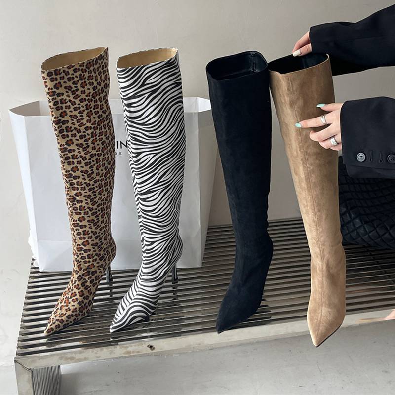 楽天市場】ロングブーツ ハイヒール7cm ゼブラ柄 スエード 黒 カーキ