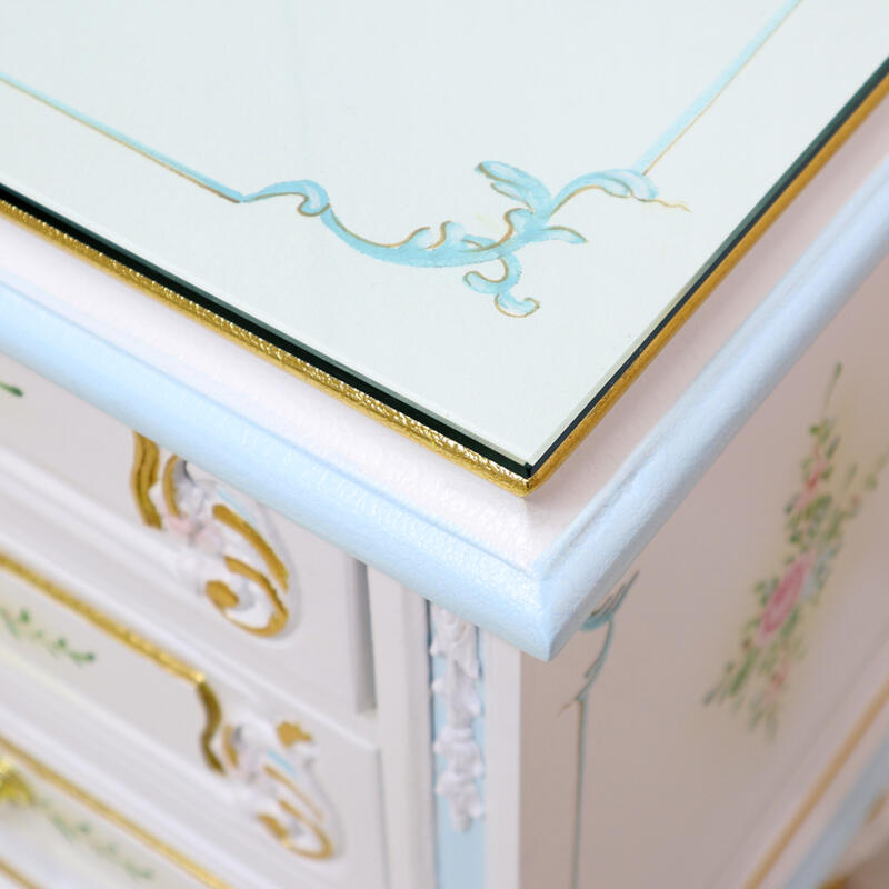 楽天市場】ガラス天板付き サイドチェスト ブルーラインロココ