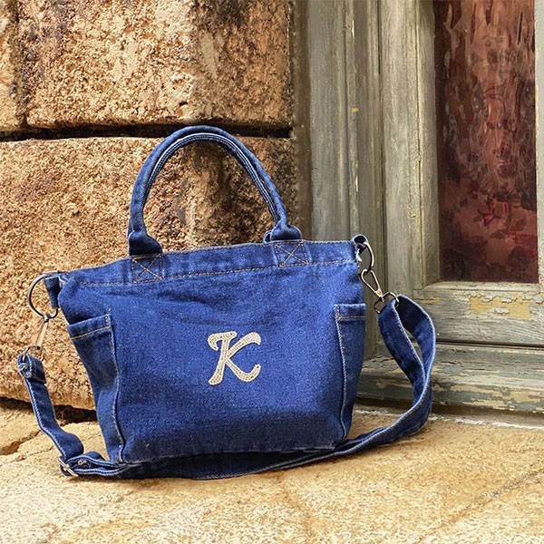 MINMI】刺繍デニムバック No.672 ショルダーベルト 飾りリボンベルト付