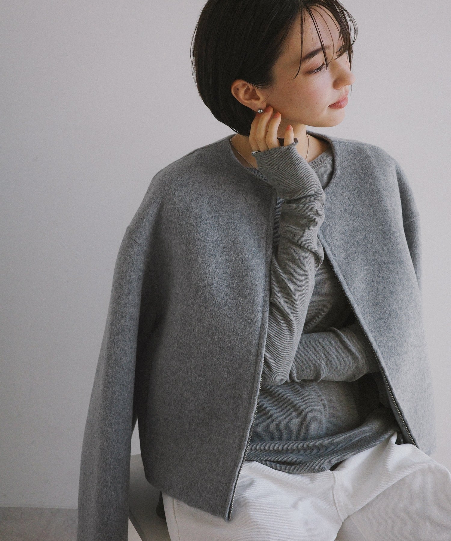 andme｜リバー ジップ ノーカラー ショート コート evernavy エバー