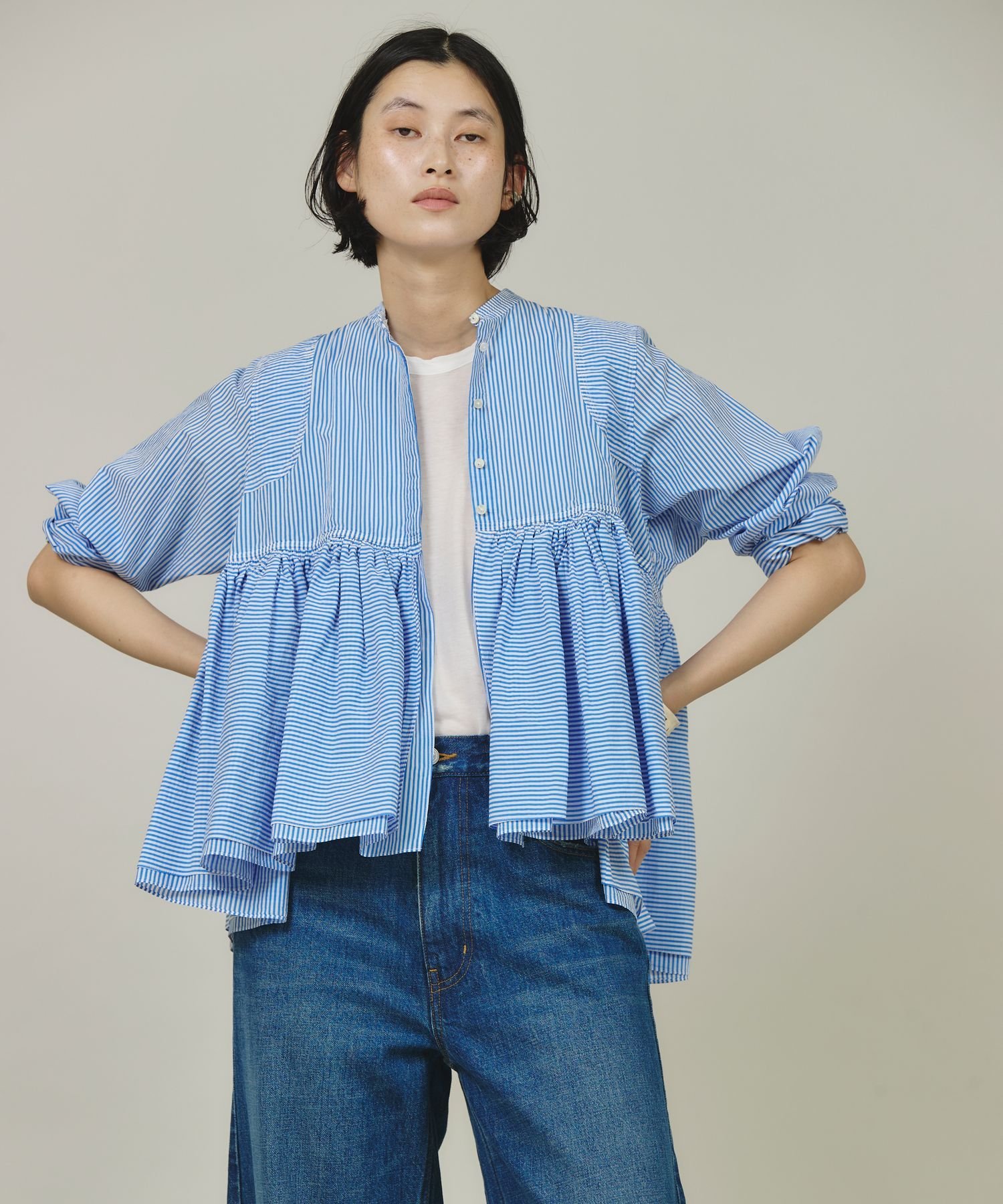 Curensology｜ストライプレイヤードギャザーブラウス | Rakuten