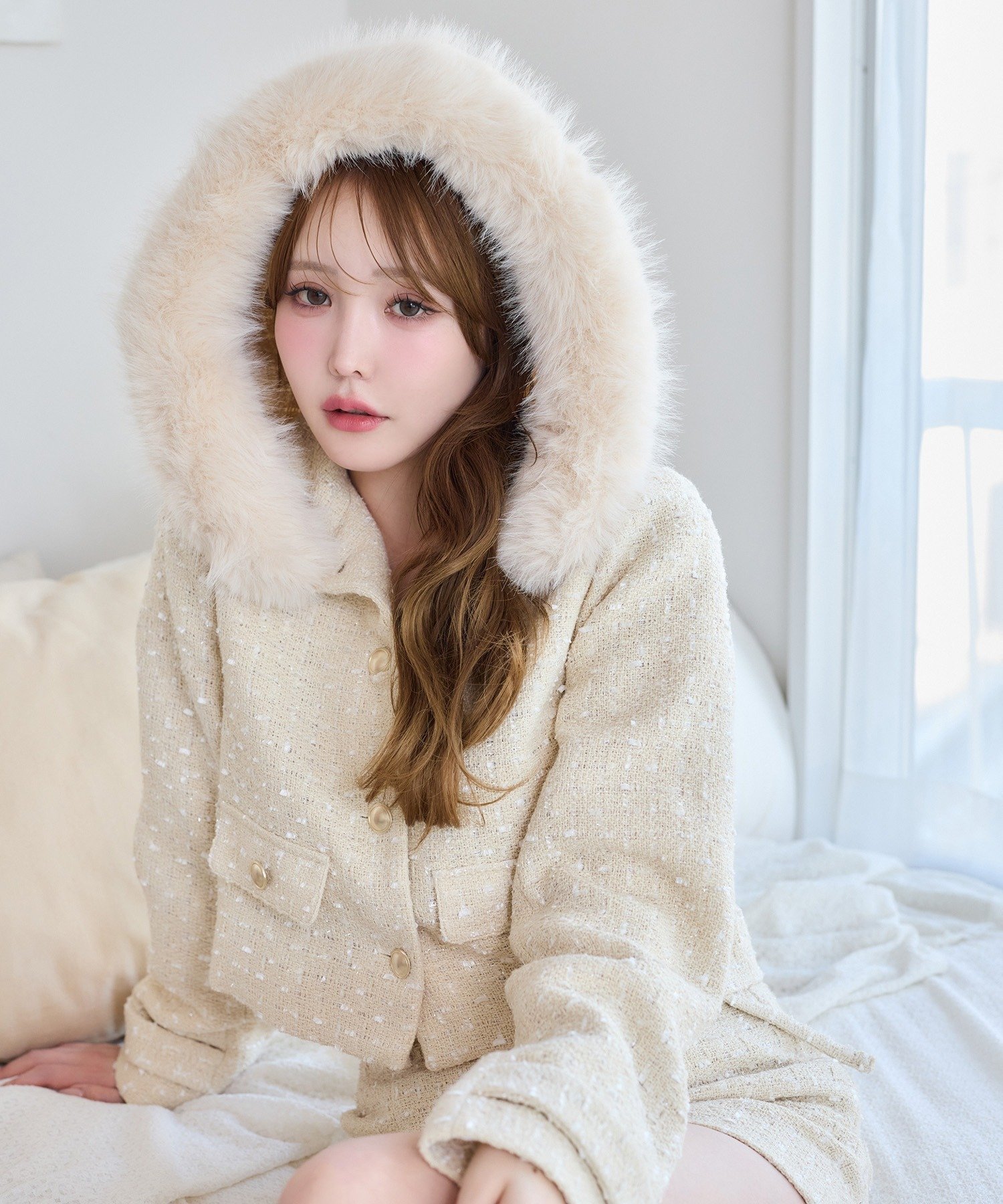 one after another NICE CLAUP｜フェイクファーフード付きツイード