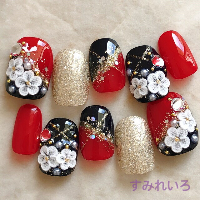 楽天市場】ネイルチップ 成人式ネイル｜赤 ブラック・レッド・ゴールド