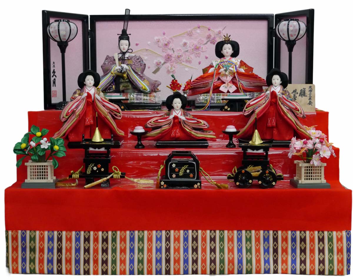 楽天市場】送料無料 久月作 雛人形 衣装着五人揃い 緋毛氈桐製収納台三