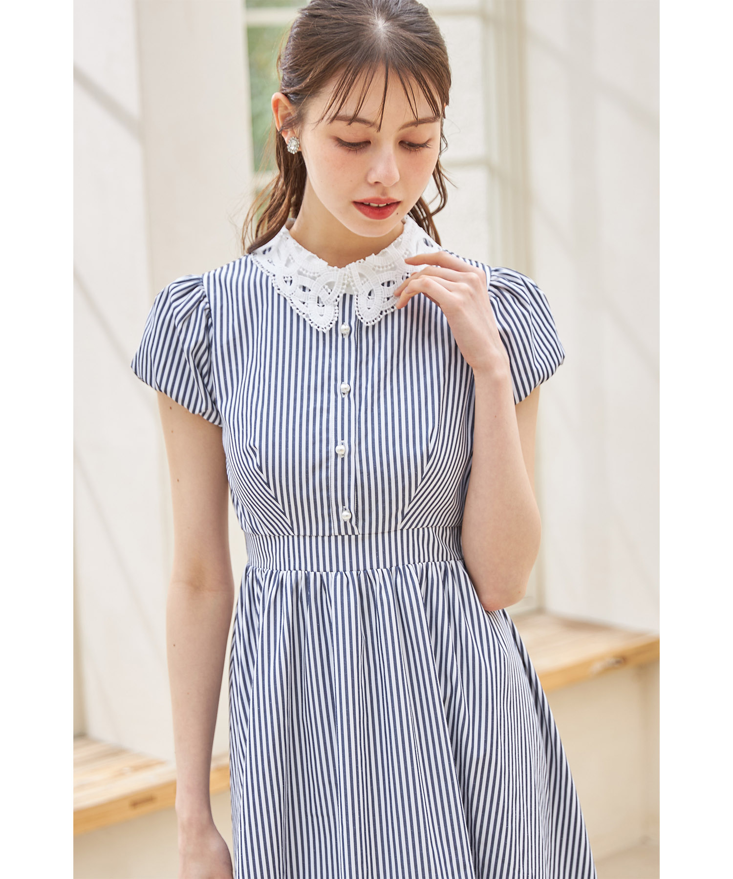 楽天市場】パール釦レース×ストライプシャツワンピース【fadisea