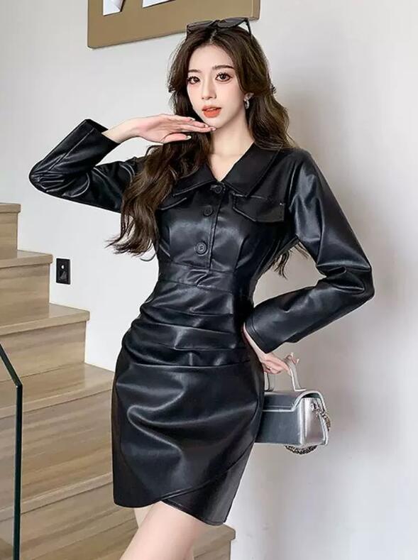 楽天市場】【送料無料】 レザーワンピース PUレザー 長袖 レディース