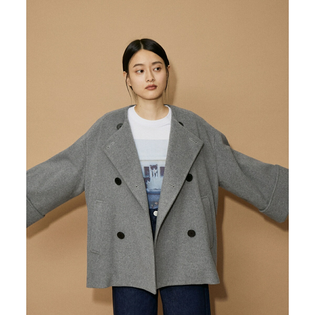 楽天市場】【WEB限定】ワイドスリーブノーカラーショートコート