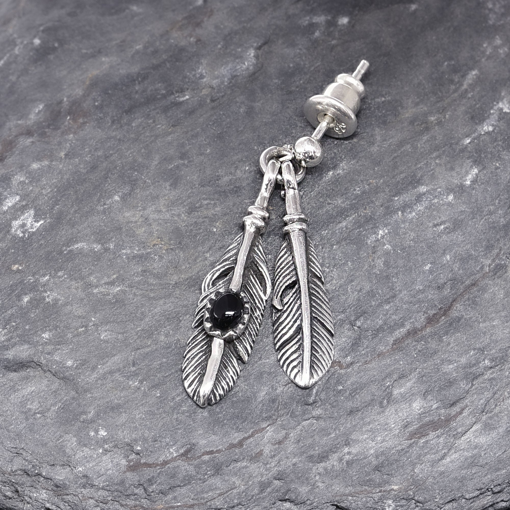 メンズ ピアス ダブルフェザー シルバー925 オニキス ドロップ 片耳用